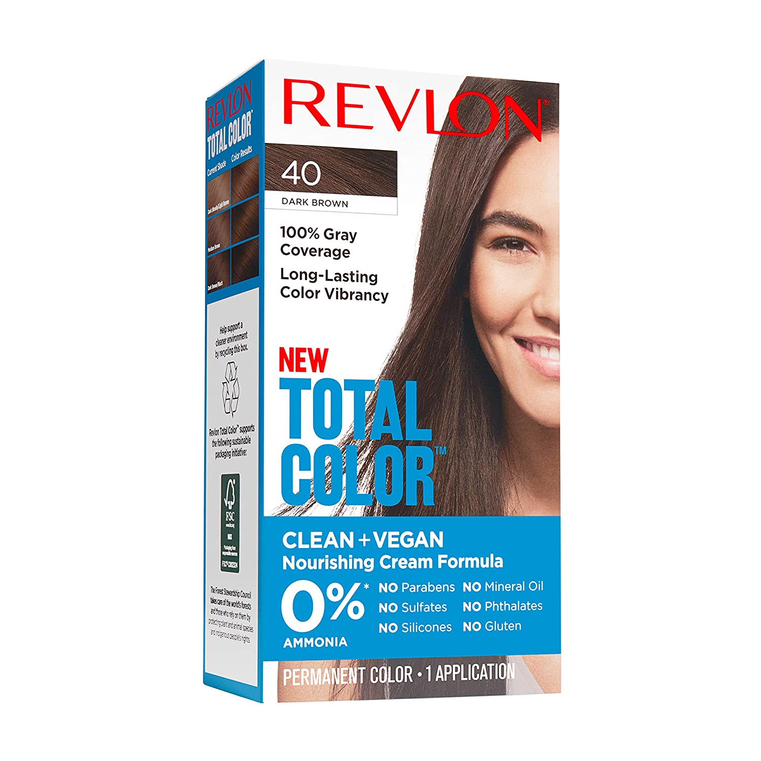 Revlon Total Color Clean + Vegan Nourishing Permanent Hair Color Cream Formula, Dark Brown 40