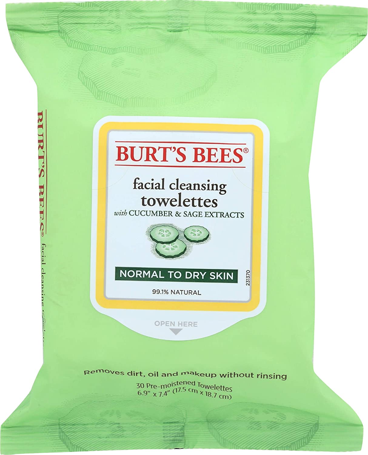 Burt's Bees Facial Cleansing Towelettes With Cucumber & Sage Extracts, Normal to Dry Skin