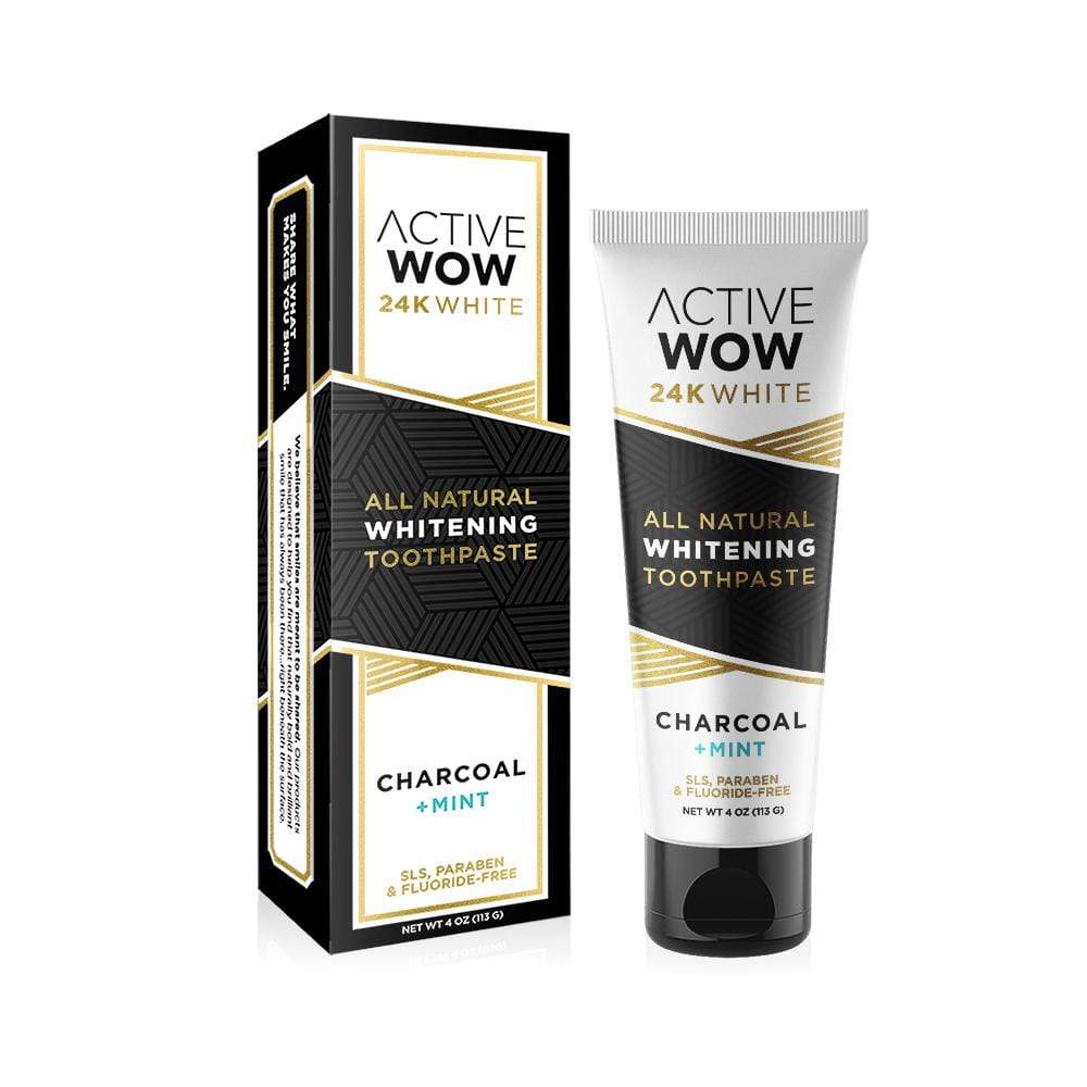Active Wow, 24K White, Natural Whitening Toothpaste, Charcoal + Mint, 