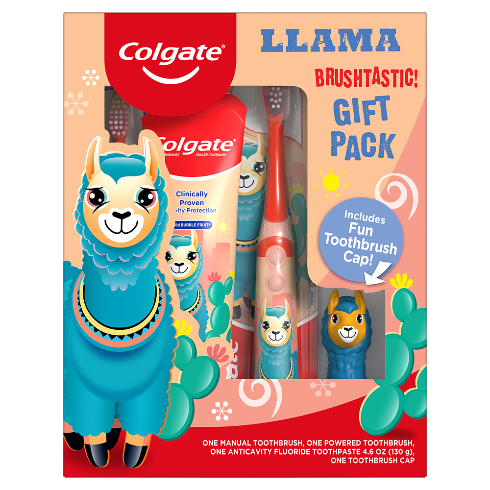 Colgate, Llama Brushtastic! Gift Pack Manual Toothbrush, Powered Toothbrush, Anticavity Fluoride Toothpaste, Toothbrush Cap