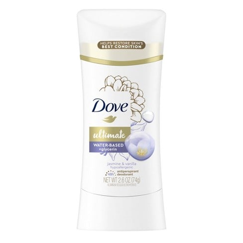 Dove Ultimate Water Based + Glycerin Aluminum Antiperspirant Deodorant, Jasmine & Vanilla Hypoallergenic