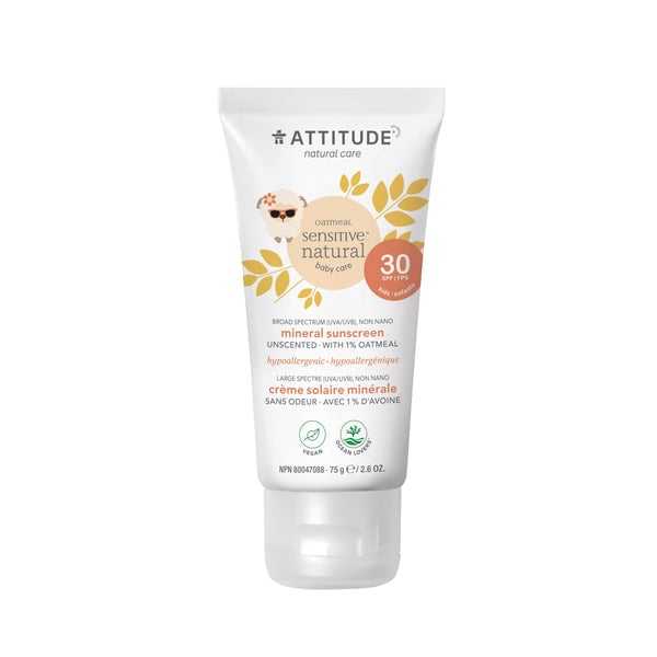 ATTITUDE Oatmeal Sensitive Natural Baby Care Kids Sunscreen Lotion, Unscented, SPF 30