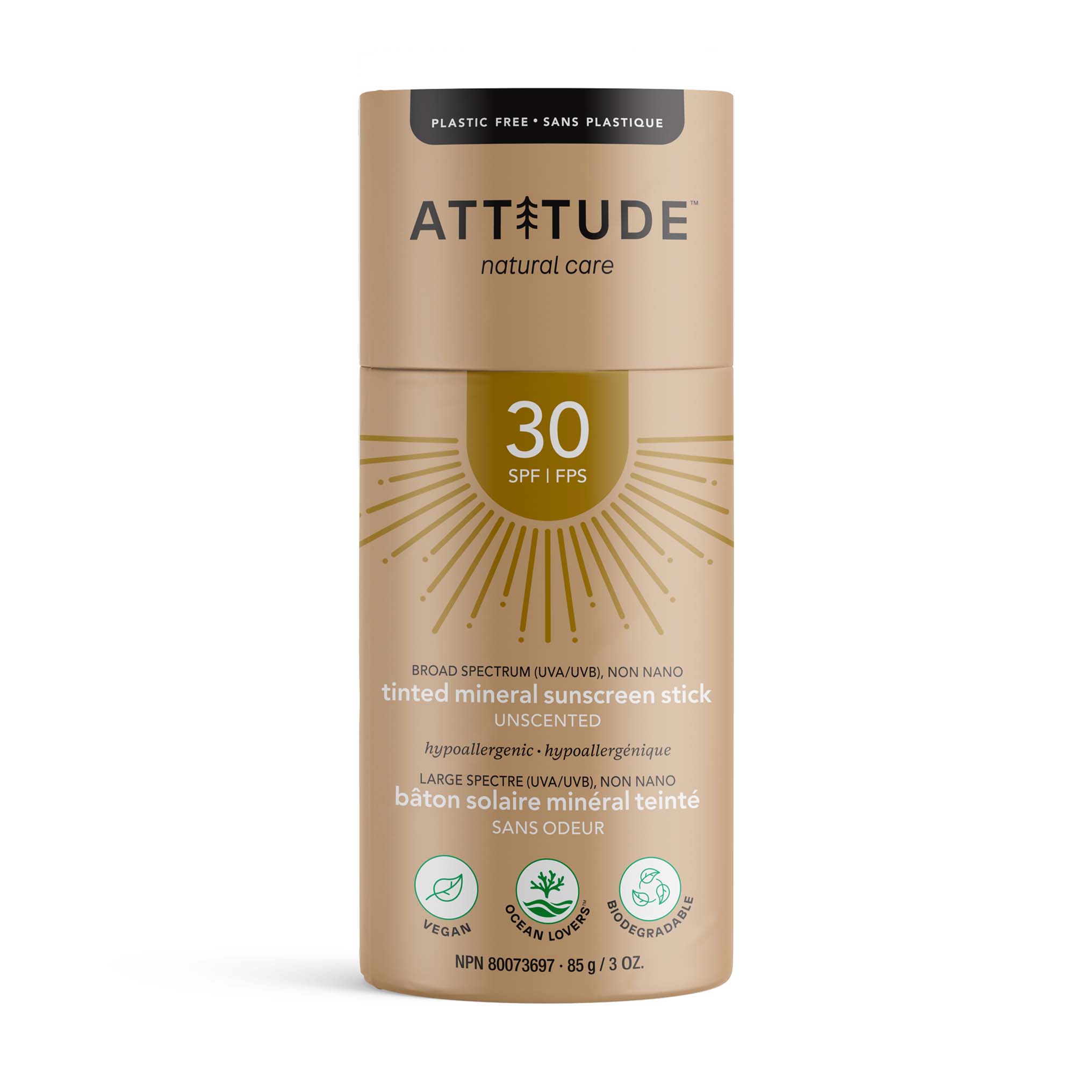 ATTITUDE Tinted Mineral Sunscreen Stick, Unscented, SPF 30