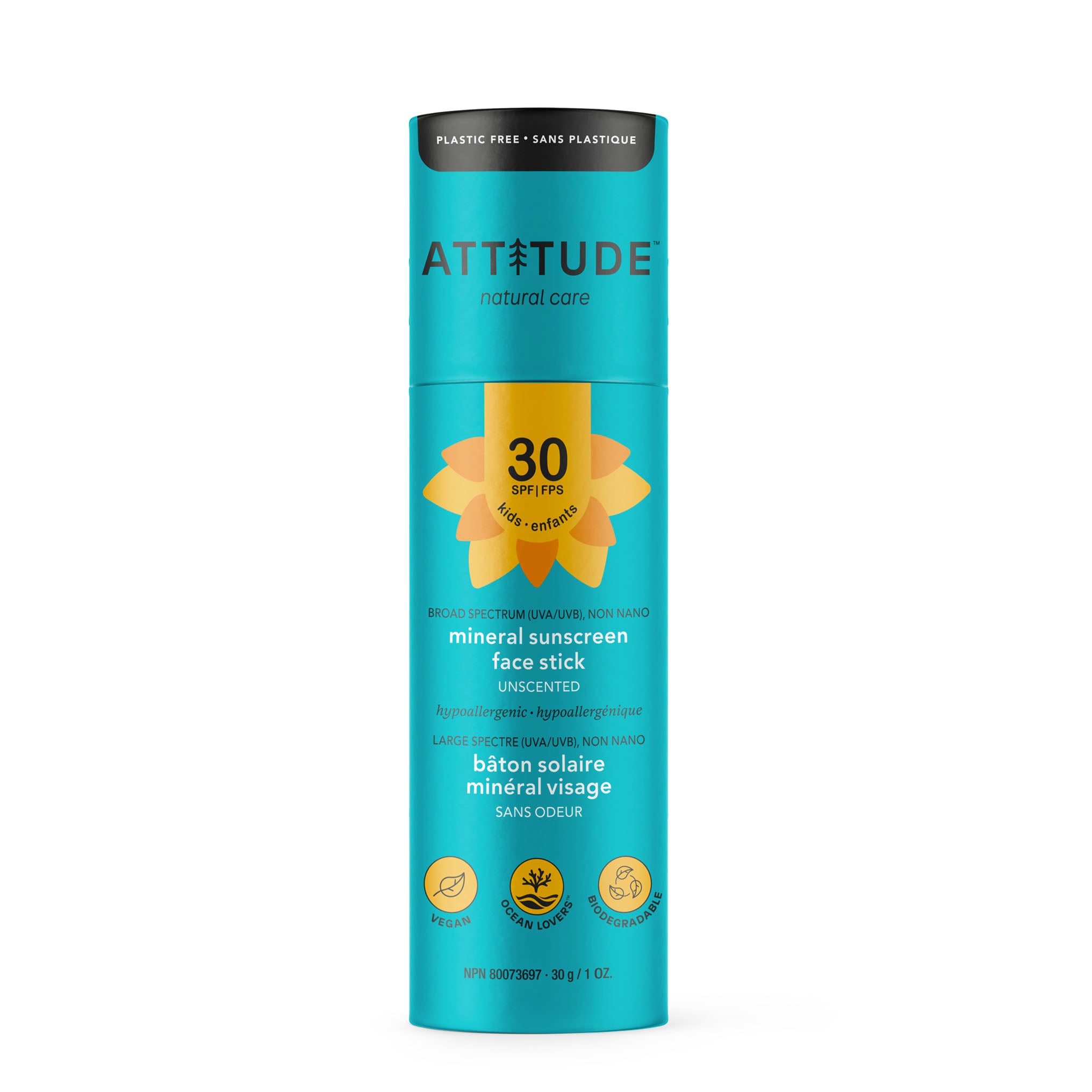 ATTITUDE Mineral Sunscreen Stick, Kids, Face, Unscented, SPF 30