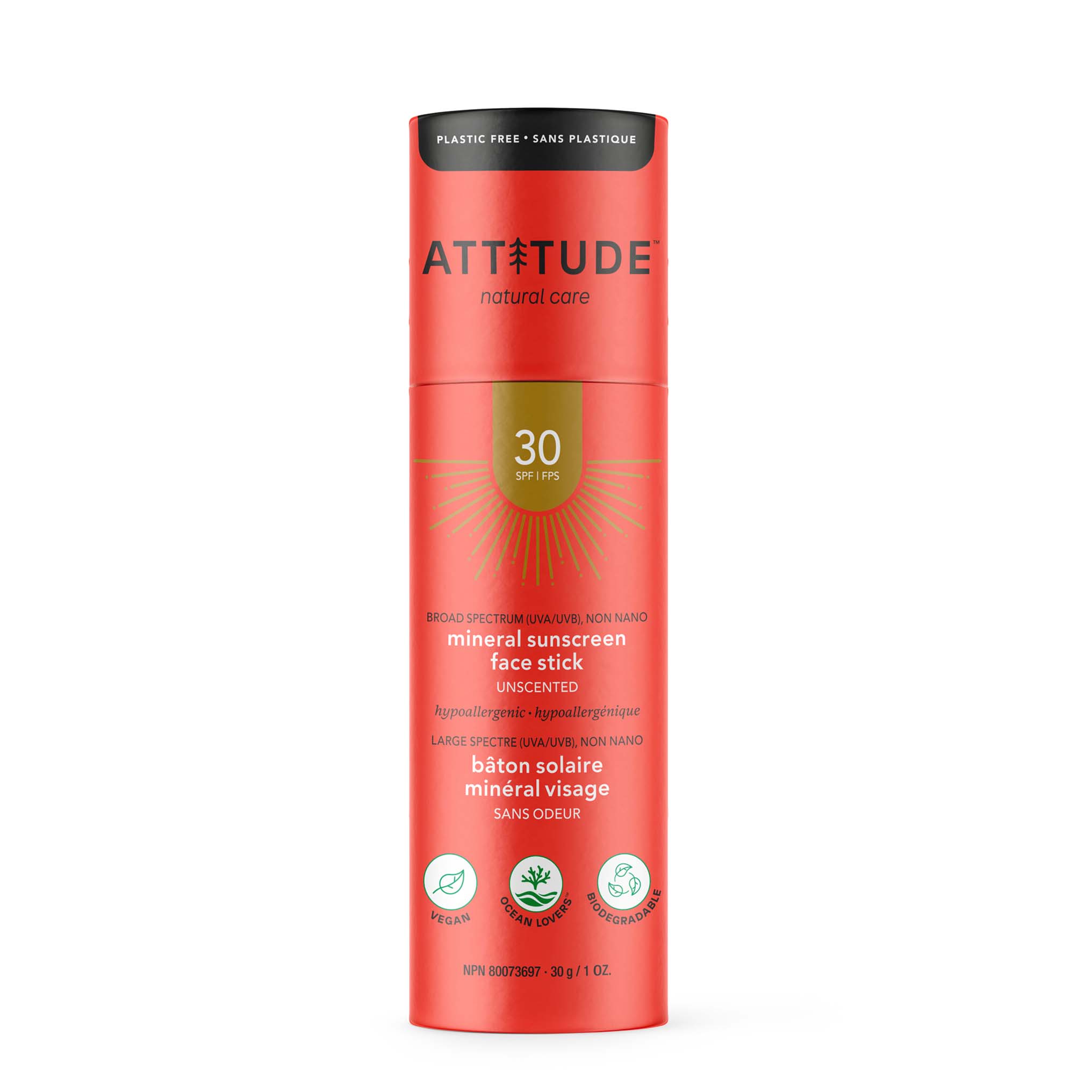 ATTITUDE Mineral Sunscreen Stick, Face, Unscented, SPF 30