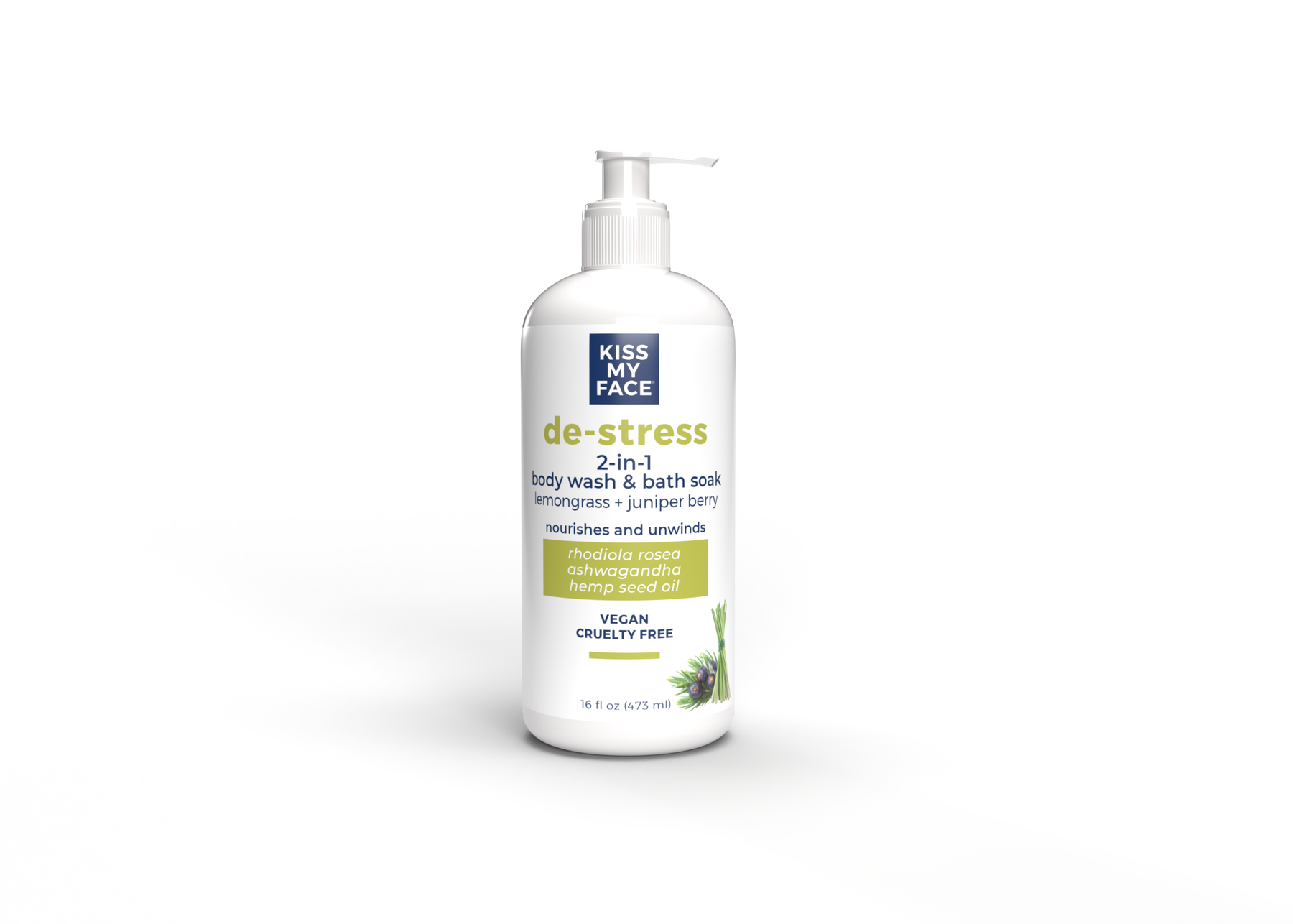 Kiss My Face De-Stress 2-in-1 Body Wash & Bath Soak, Lemongrass + Juniper Berry