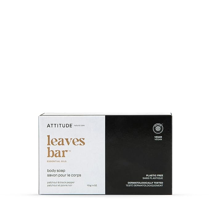 ATTITUDE Leaves Bar Essential Oils Body Soap, Patchouli & Black Pepper